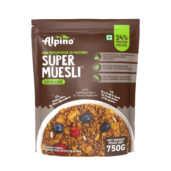 Alpino Super Muesli Café 400 g / 52 % Flocons Multigrains / 7 % Fruits Secs et Noix / 17 % Protéines / Sans Sucre / Riche en Protéines / Fibres / Céréales / Pochette Refermable / Conservation Stable