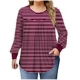 thumbnail image 3 of HVOBTTY Women's Long Sleeved T Shirt, Fall and Winter Tops for Women Plus Size, Women's Plus Size Casual Striped Print Crew Neck Everyday Wear T Shirt Wine, Wine A, 3 of 5