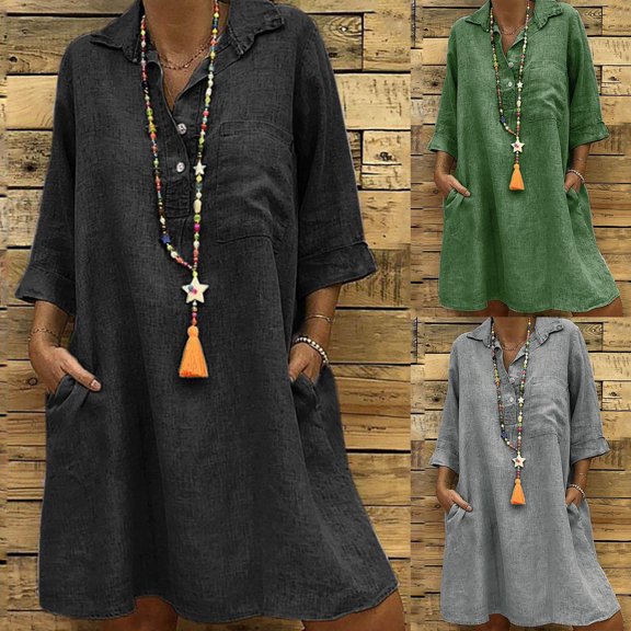 Jinhomg Summer Shirt Dress for Women Loose Fit Comfy Cotton Linen Midi Dresses Lightweight Casual Solid Short Sleeve Button Down Vacation Dress 90% off Clearance Sale Black M