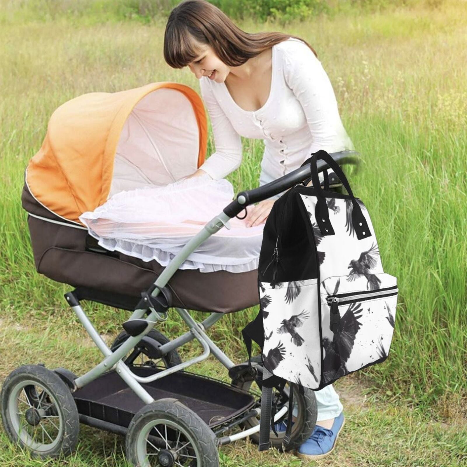 Ratiio Monochrome Flying Ravens Mummy Backpack - Waterproof Twill Canvas, Large Capacity Diaper Bag with Multiple Pockets and Adjustable Straps