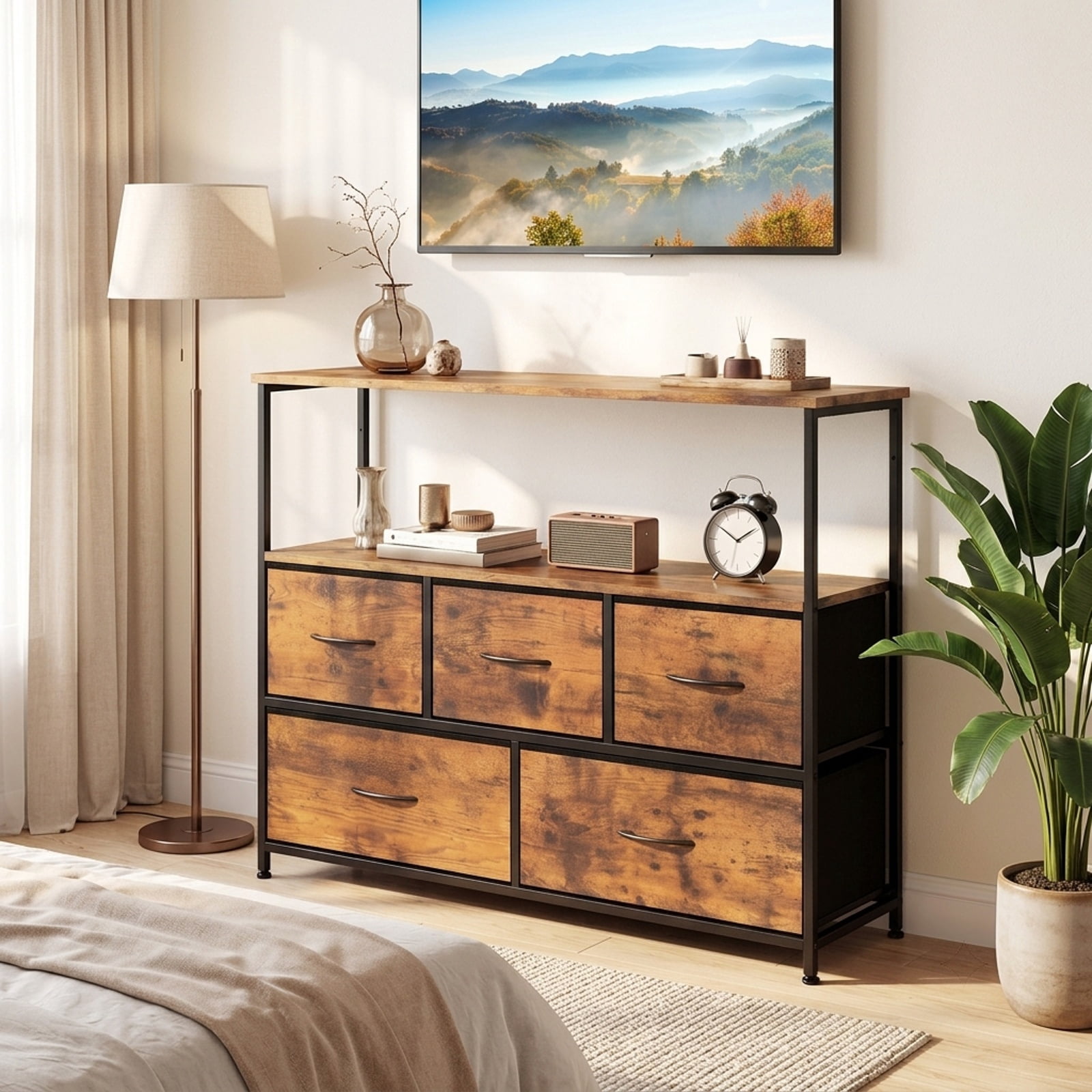 Furnibear TV Stand Dresser Entertainment Center for 45 Inch TV with 5 Fabric Drawers and Open Storage Shelf for Living Room Bedroom, Brown