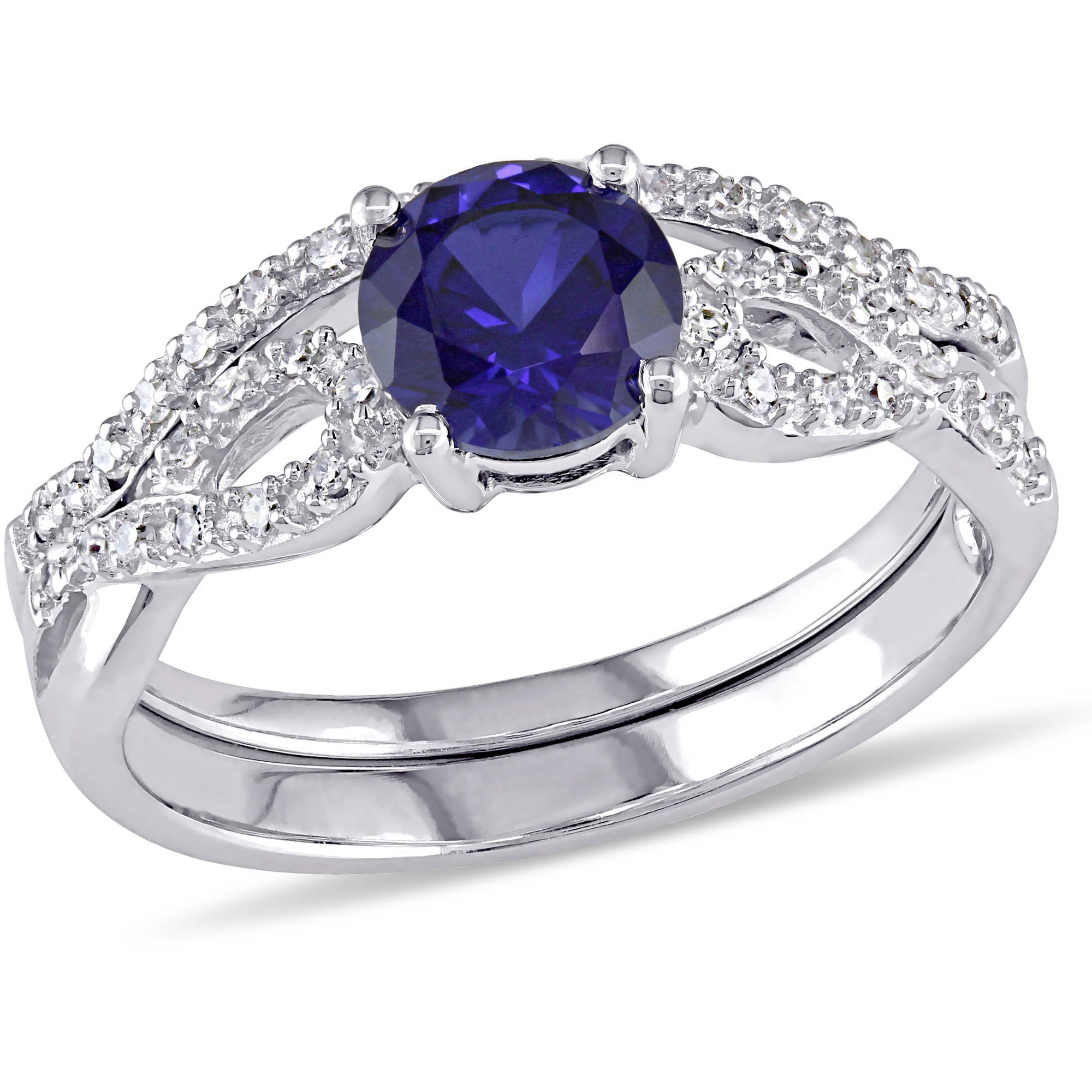 Tangelo 1 Carat T.G.W. Created Blue Sapphire and 1 6 Carat T.W. Diamond 10kt White Gold Infinity Bridal Set by Tangelo