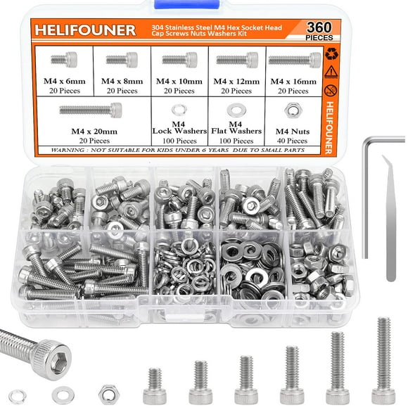 HELIFOUNER 360 Pieces M4 x 6mm /8mm /10mm /12mm /16mm /20mm, Hex Socket Head Cap Metric Screws Bolts Washers Nuts Kit, 304 Stainless Steel