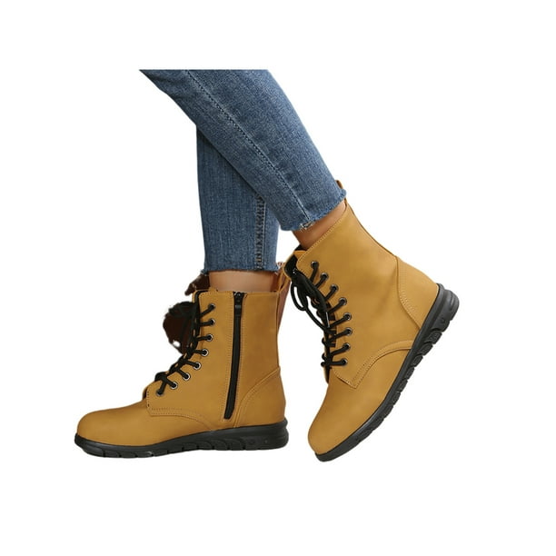 Woobling Ladies Combat Boot Casual Ankle Boots Side Zip Booties Fashion Shoes Womens Comfortable Lace Up Yellow 6 Yellow 6