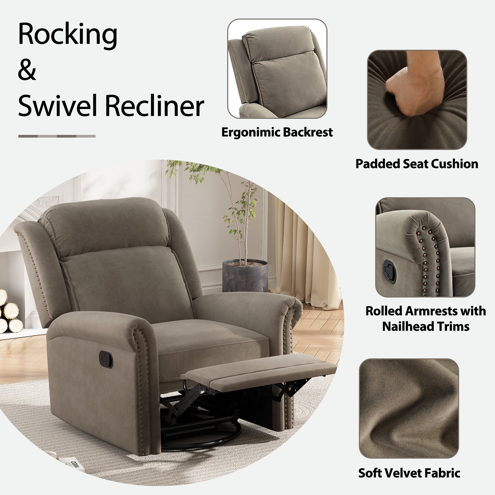 Euroco 360° Swivel Recliner Manual Rocking Recliner Home Theater Manual Recliner Chair Nursery Rocker with Adjustable Backrest for Living Room, Light Brown