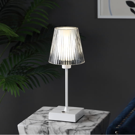 JONATHAN Y Oscar 12.5" Modern Industrial Rechargeable/Cordless Iron/Acrylic Integrated Portable LED Table Lamp with Ribbed Shade, White, JYL7225B