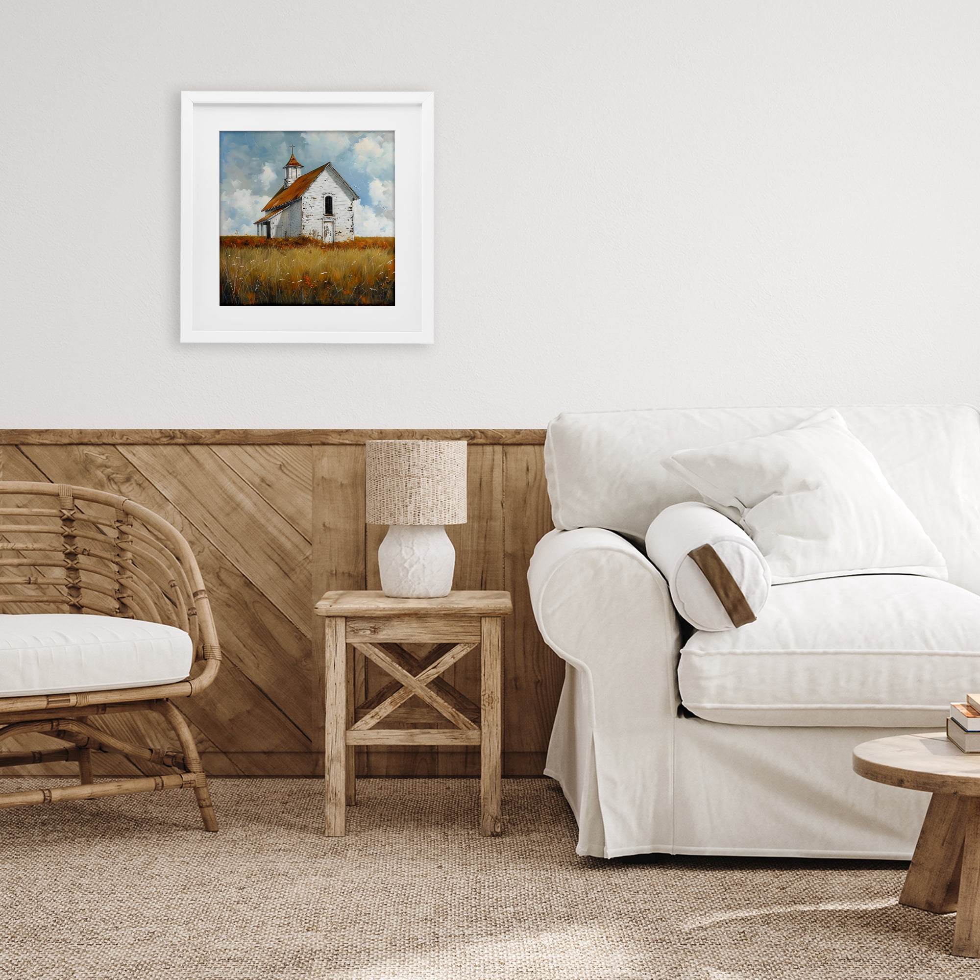Stupell Industries Rustic Church in Field White Framed Print Under Glass, design by Creative Studio