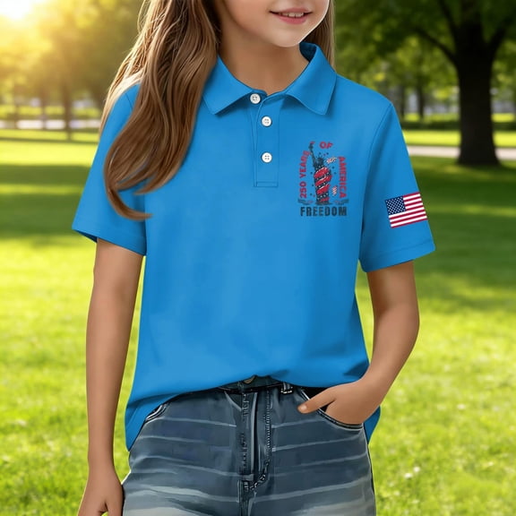 CCRFTGI 250 Anniversary USA Flag Polo Shirts for Child Girls Boys Size 7 School Uniform America Flag freedom Shirt Golf Lapel Button Collared Polo Quick Dry Summer T-Shirts Blue 11-12 Years