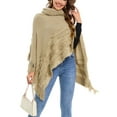 thumbnail image 5 of YouLoveIt Turtleneck Poncho Sweater for Women Soft Shawls Capes Irregular Hem Fringed Striped Pullover Wrap Coats Sweater Knit Tops with Pearl, 5 of 8