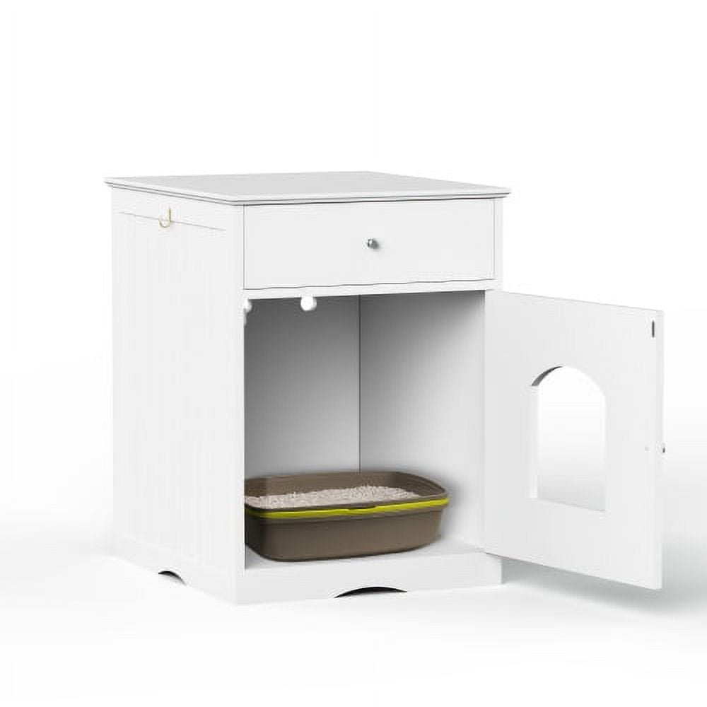 Yoneston Wooden Side Table Pet House Cat Litter Box Enclosure with Drawer, Modern Indoor Cat Home Nightstand, White