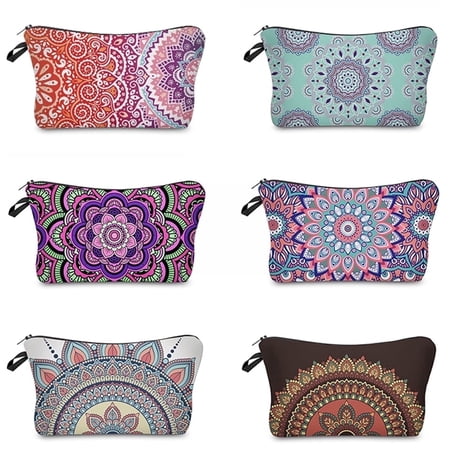 6 Pack Makeup Bags for Women, Mandala Flowers Cosmetic Bag with Zipper, Small Purse Pouch Travel Accessories Gifts