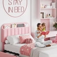 thumbnail image 3 of Bingirl Twin Size Bed Frame with Storage Headboard - 2 Drawers, Boucle Upholstered Platform Bed with Bookcase, Effortless Assembly, No Box Spring Needed, Pink, 3 of 8