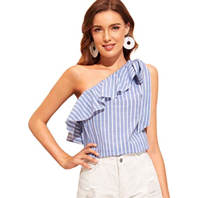 Blusa informal sin mangas con volantes y nudo en un hombro para mujer oso de fresa vestir