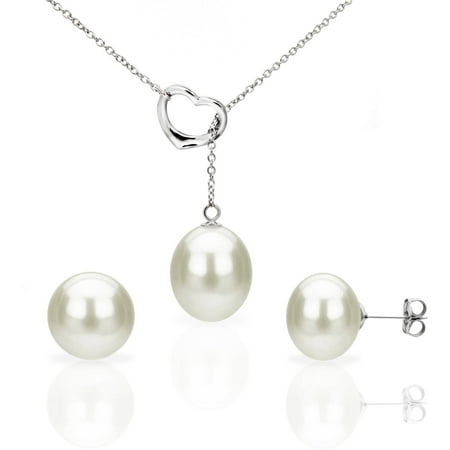 White Freshwater Pearl Sterling Silver Heart Chain and Stud Earring Set