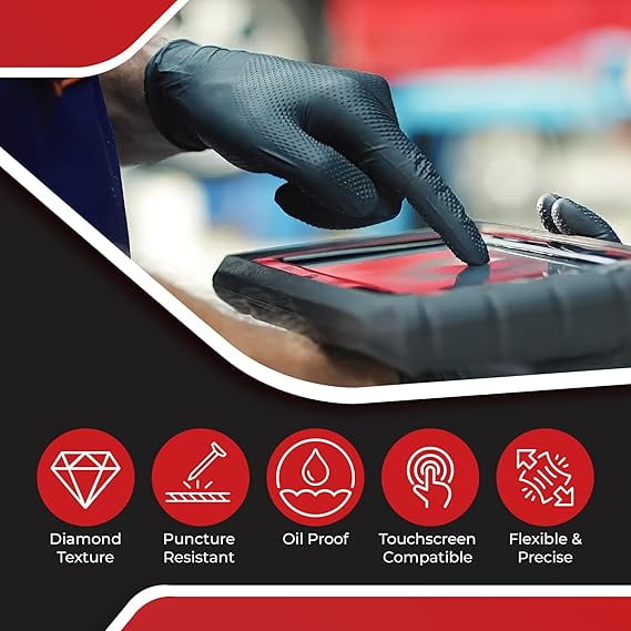 Industrial Nitrile Gloves – Extra Thick Disposable Mechanic Gloves with Diamond Grip (Best for Oil & Chemicals)