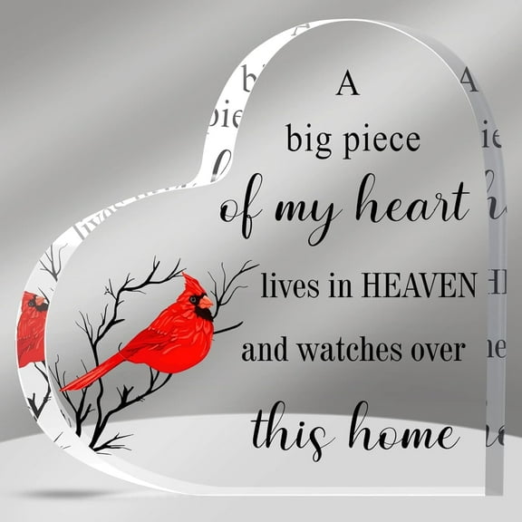 Christmas Sympathy Gifts Red Cardinal Decor A Big Piece of My Heart Lives in Heaven Sign Memorial Bereavement Gifts Acrylic Heart Condolence Gifts for Loss of Loved One 4"x4"