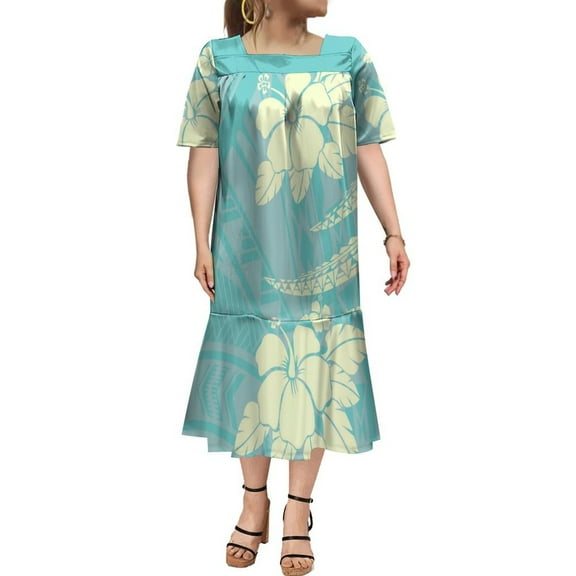 Polynesian Casual Dress Mumu Square Collar Maxi Dress Custom Hawaiian Art Tribe Dress Micronesian Dress