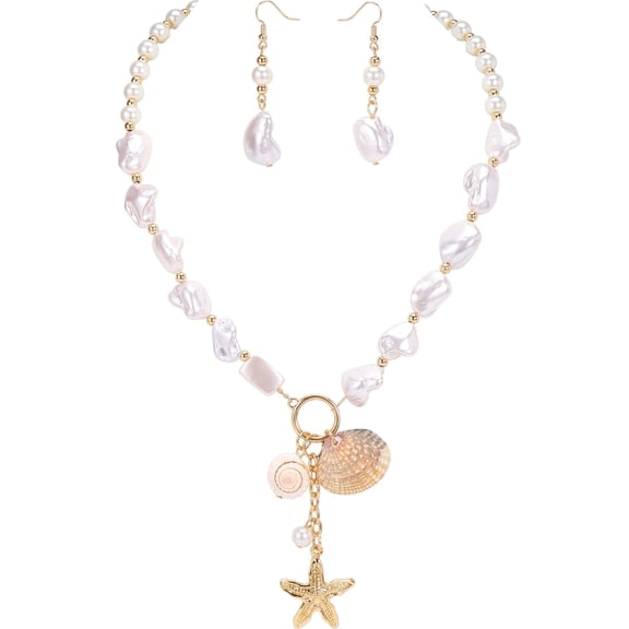 Bocar Natural Seashell Choker Necklace, Starfish Shell, Freshwater Pearl, Mother of Pearl, Earrings Jewelry Set for Women