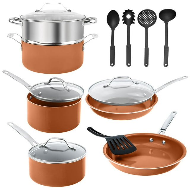 Gotham Steel Juego de Ollas y Sartenes Antiadherentes con Utensilios de Cocina 15 Piezas Cobre