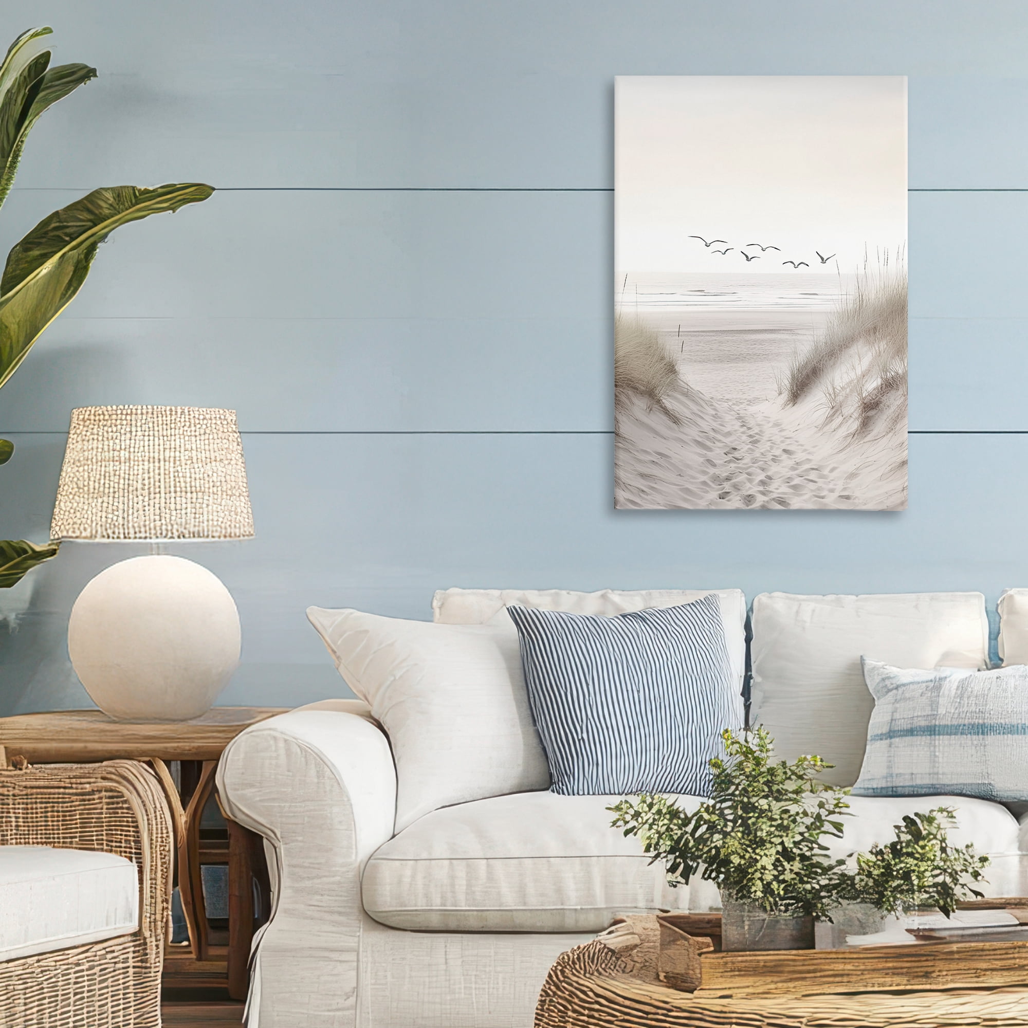 Seagulls over Sandy Footprints Canvas Wall Art, design by Decent Exposures