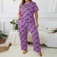 thumbnail image 1 of Conjunto de pijama de mujer con cuello redondo, estampado de letras, talla grande, multicolor, cómodo, manga corta, pantalones largos, top de poliéster para mujer, 1 of 5