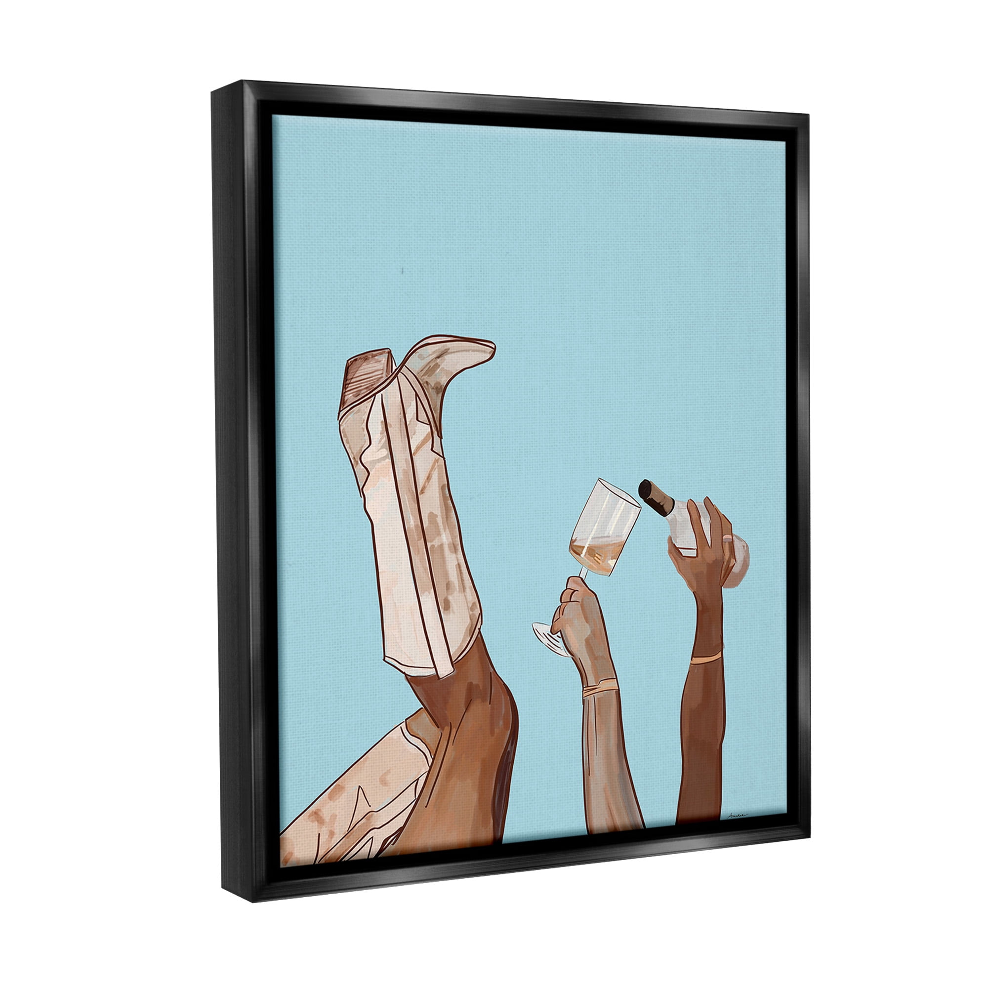 Stupell Industries Cowgirl Pouring Wine Food & Beverage Painting Black Floater Framed Canvas Art Print Wall Art, 17 x 21