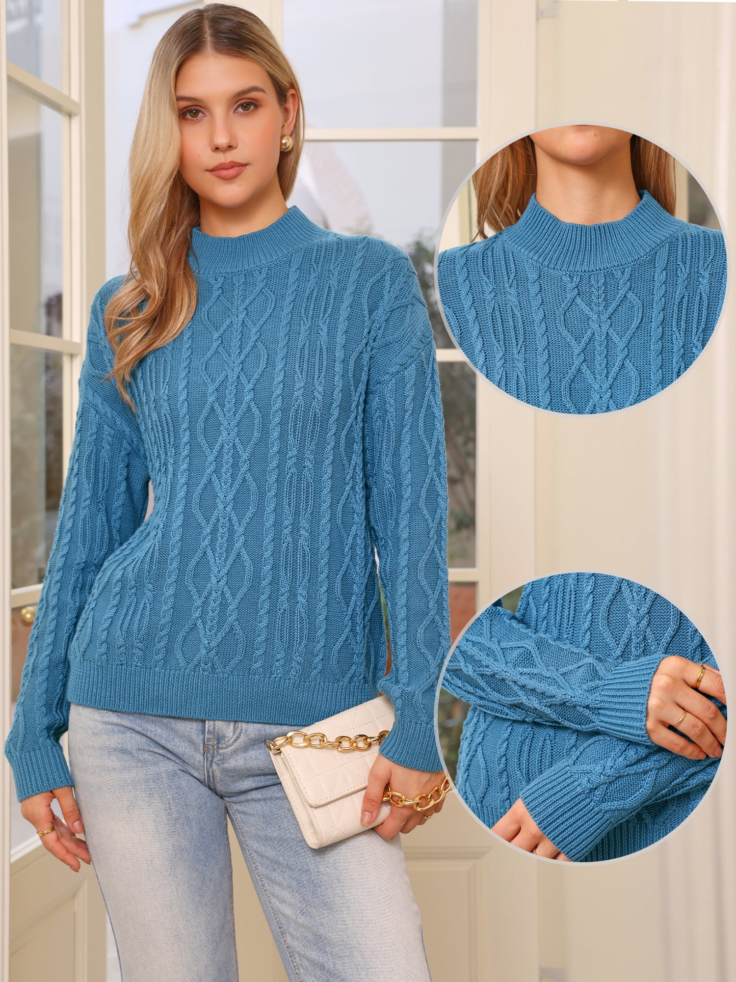 DARING DIVA Women's Cable Vintage Woven Crewneck Pullover Knitted Tops S Gray Blue