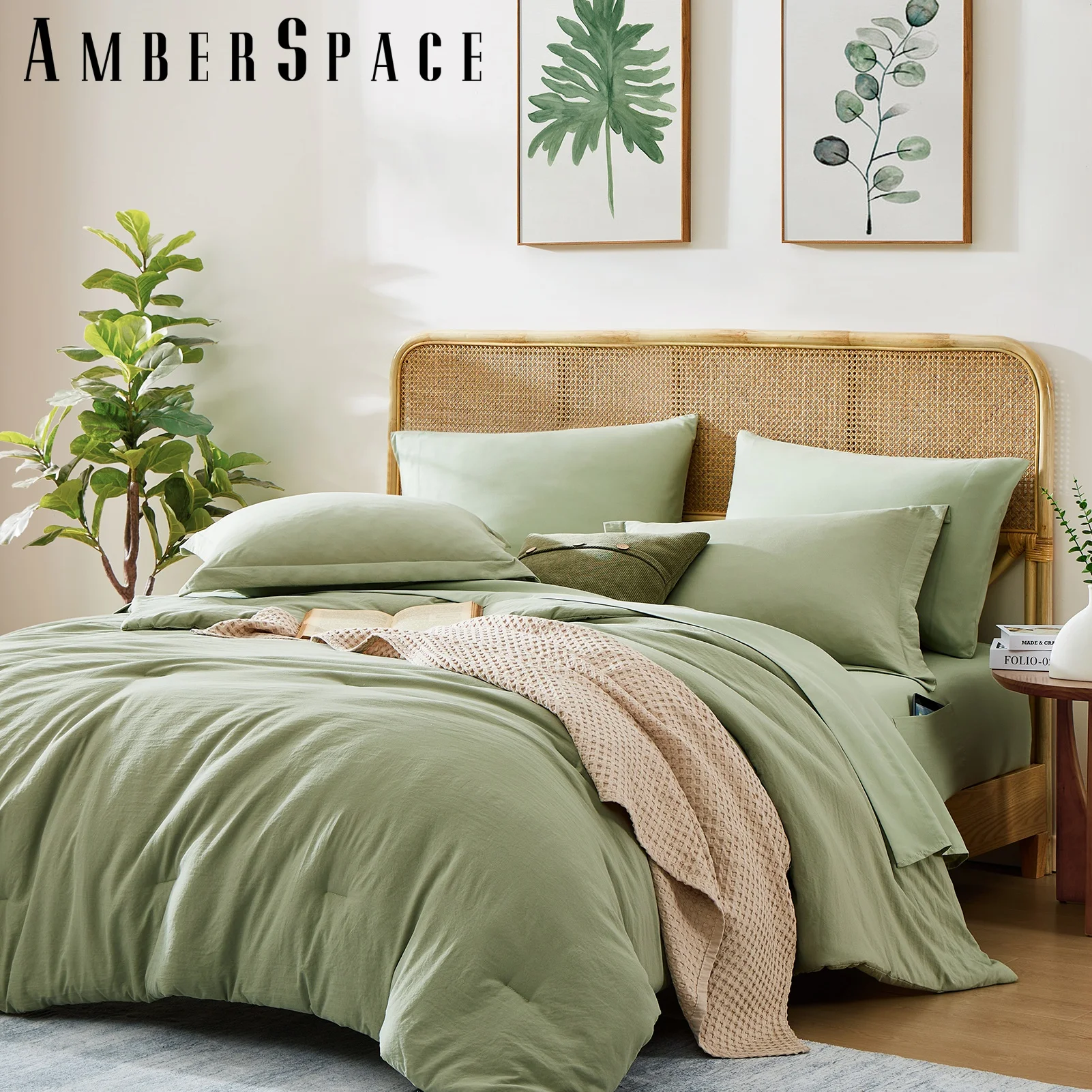 Amberspace Prewashed fabric 7-piece Bed in a Bag Comforter Set with Sheets,Sage green,King