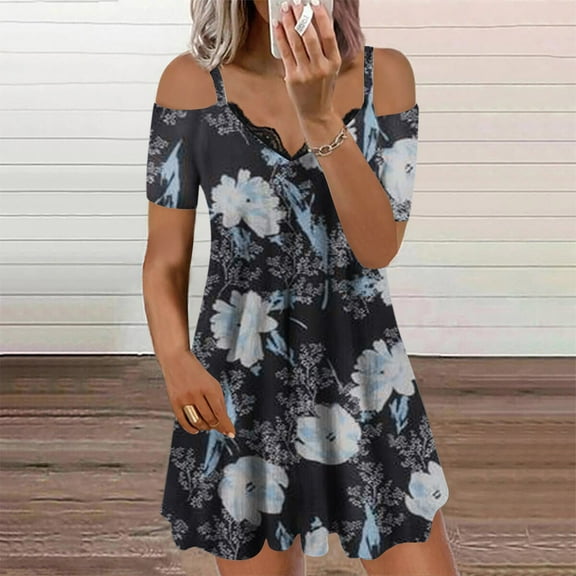 DailyTrove Women's Floral Print Off-Shoulder Midi Dress, Short Sleeve, Casual Garden & Brunch Wear, Lightweight Cotton Blend, Ruffled Hem