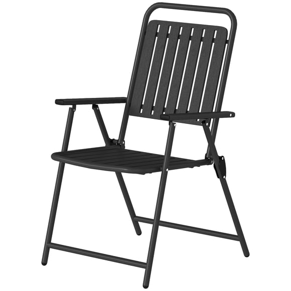 Set of 4 Folding Outdoor Patio Chairs, Black Powder Coated Steel Frame with Breathable Slatted PP Plastic Seat and Armrests, Portable Garden Dining Chairs for Balcony and Picnic