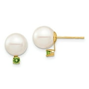 Kazi Luxury 14K 8-8.5mm White Round Freshwater Cultured Pearl Peridot Post Earrings