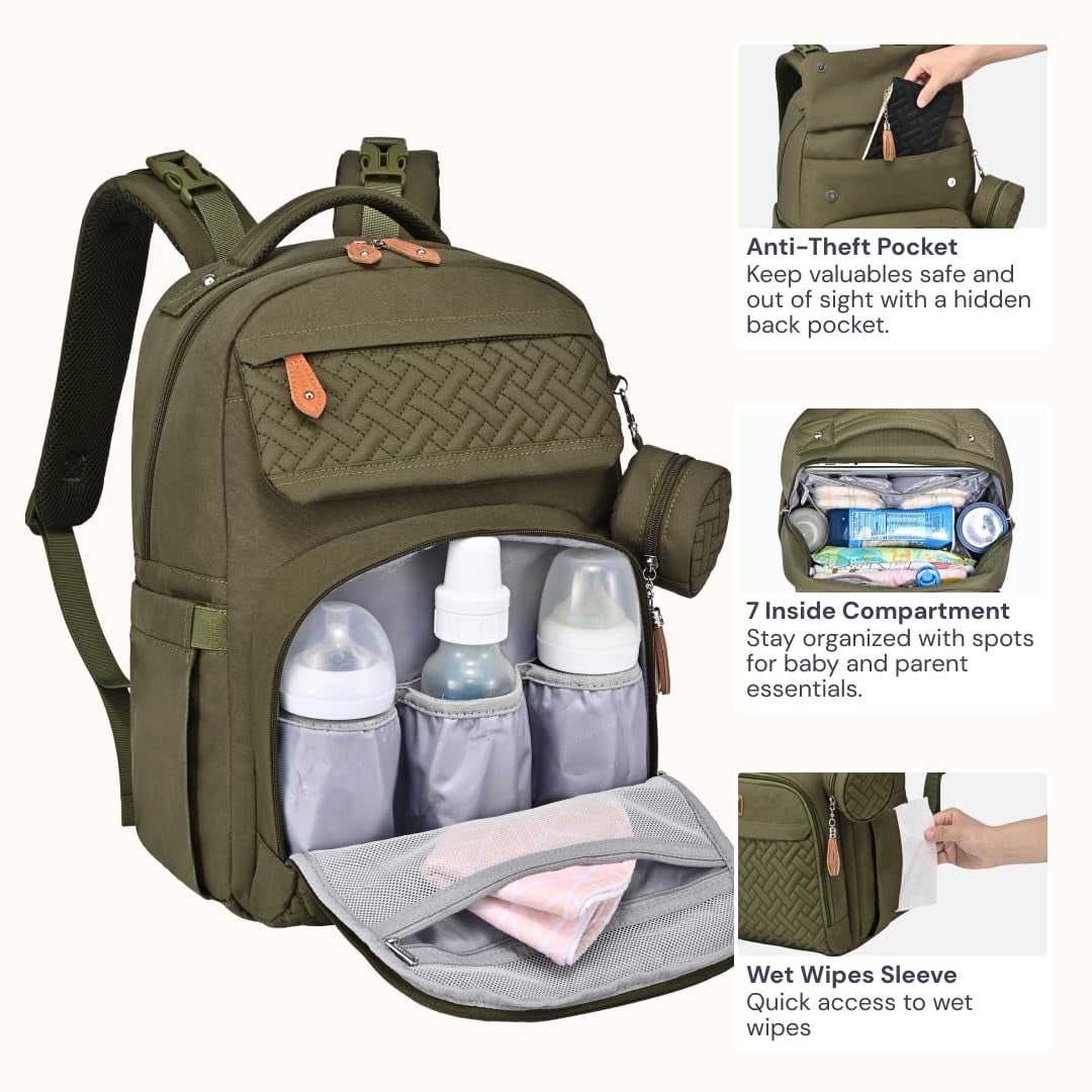 BabbleRoo Diaper Bag Backpack, Travel Backpack, Pacifier Case & Stroller Straps, Multifunction, Waterproof, Unisex – Army Green