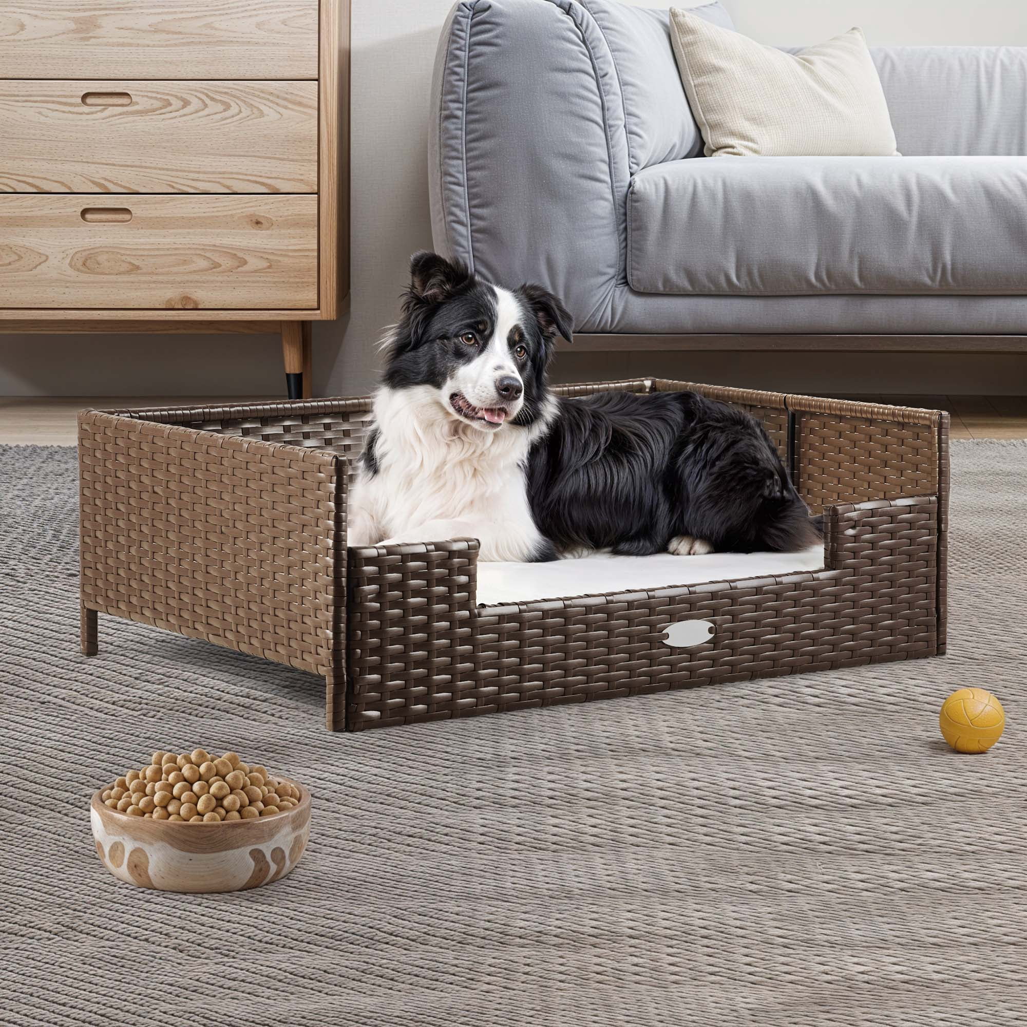 Uforic Rattan Dog Sofa Bed with Beige Cushion,Wicker Pet Bed Sofa Indoor Outdoor,All-weather Protection, Brown&Beige,34.6"L x 23.6"W x 11.8"H