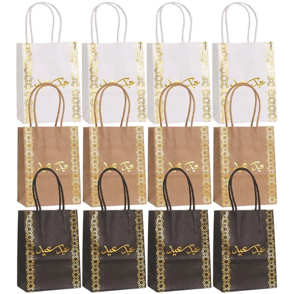 Jiibva Eid Mubarak Gift Bags 12pcs Eid Al-Fitr Kraft Paper Reusable Bags, Arabic Candy Treat Bag with Handle for Party Decorations