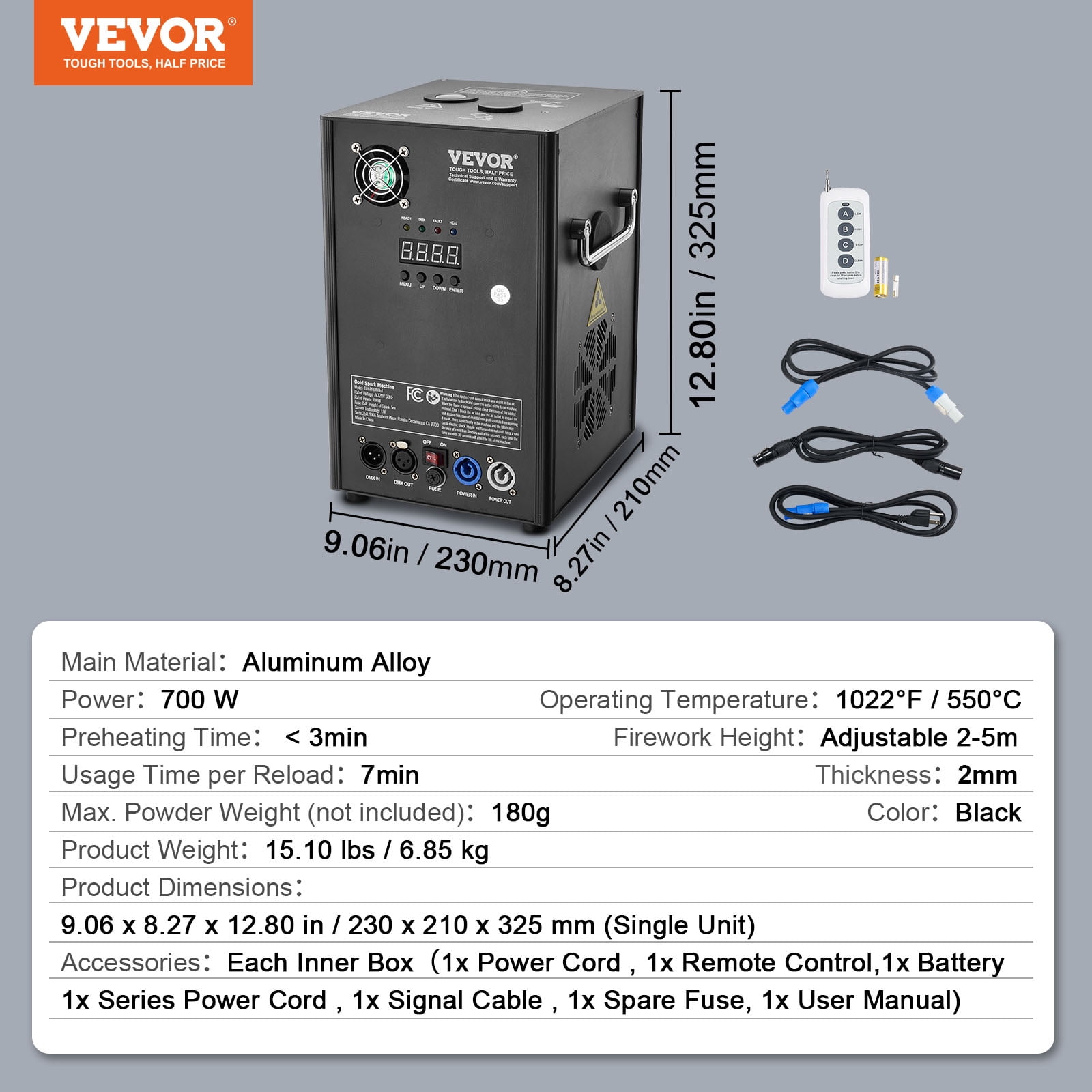 VEVOR Cold Spark Machine, 700W Output Fireworks Controller, 6.6-16.4ft Adjustable Height, with Advanced DMX System,LED Screen,Portable Handle,HeavyDuty Aluminum Alloy for Stage DJ Wedding Event,Party