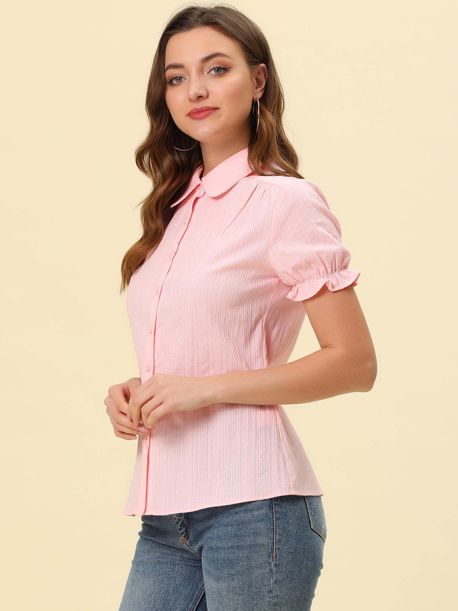 DARING DIVA Women's Cotton Frilled Peter Pan Collar Blouse L Light Pink