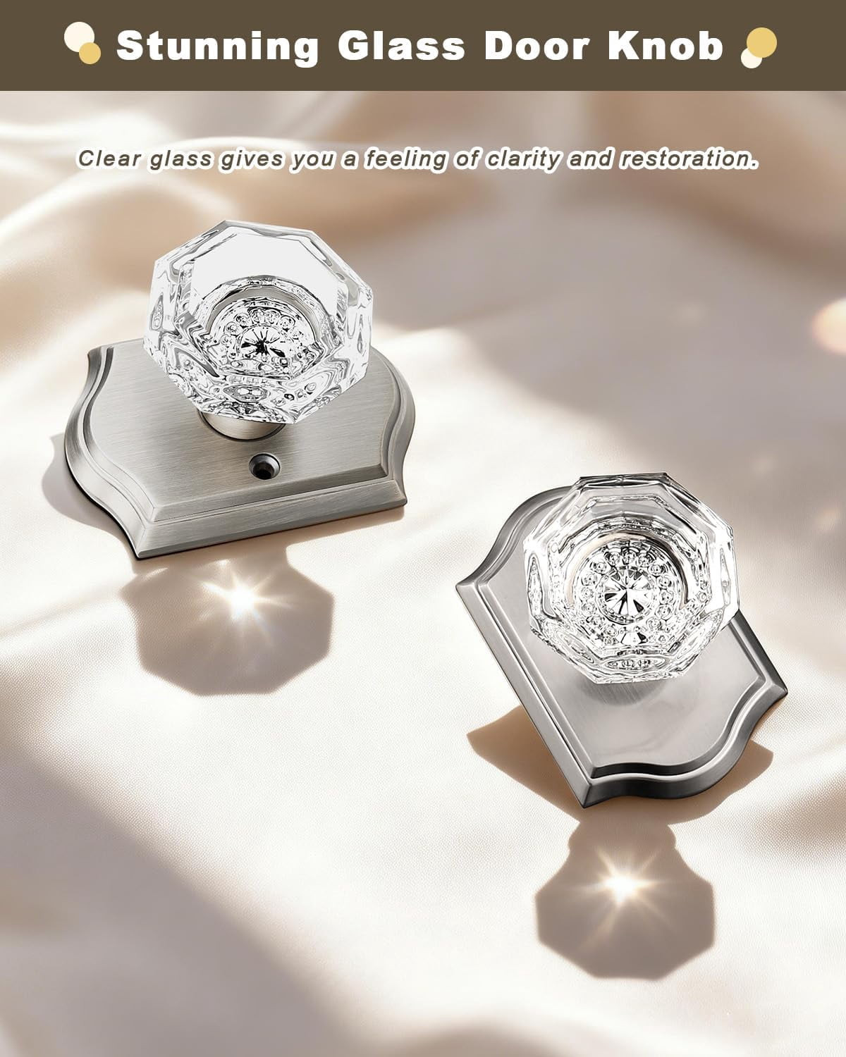 --2 Pack Clear Crystal Door Knobs,Diamond Glass Passage Door Handle Knob for Closet Hallway,Antique Keyless Interior Door Locks with Satin Nickel Rosette