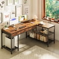 thumbnail image 2 of Amadwell 55 Inch L Shaped Office Desk with 3 Fabric Drawers, Reversible Computer Gaming Desk, Power Outlets and Mesh Shelves, Corner working Study Desk, Rustic Brown, 2 of 9