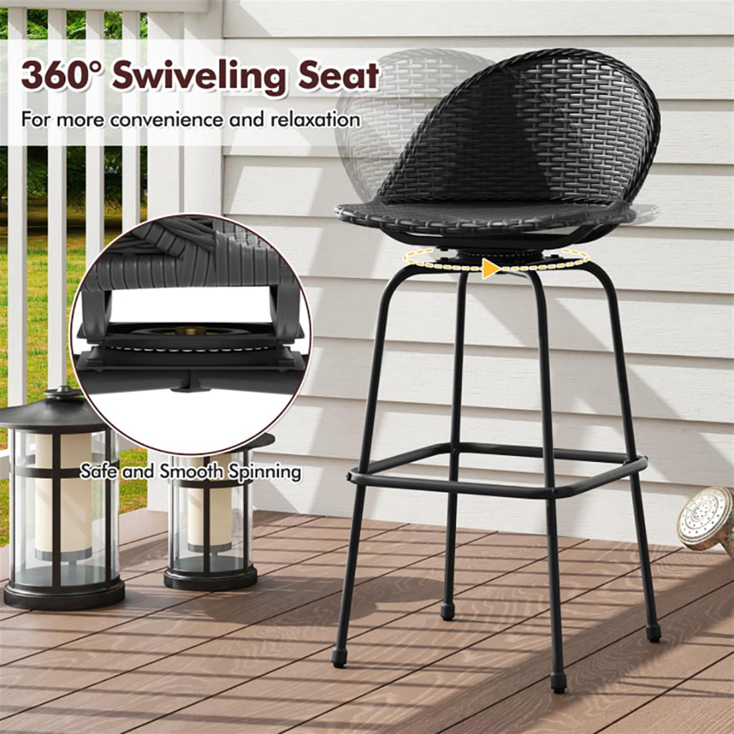 Demi Bonn Rattan Swivel Bar Stools Set of 2, Modern Counter Barstools with Curved Back, Counter Height Barstools for Bar, Kitchen and Dining Room, Black