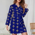 thumbnail image 3 of Royal Fleur De Lys Blue Night Robe Long Sleeve V Neck Robe With Belt Women's Sleepwear Dresses, 3 of 9
