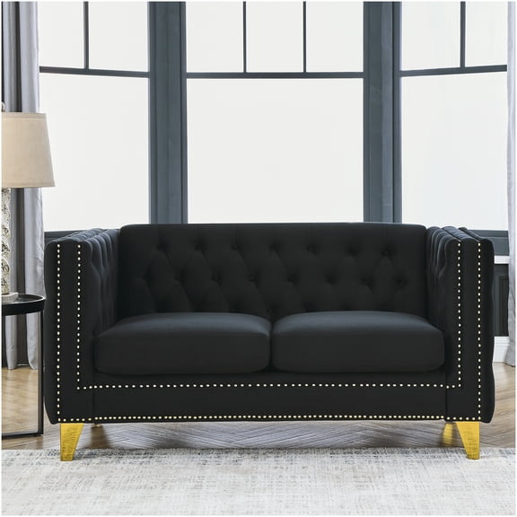 Modern Velvet Chesterfield Sofa with Tufted Back and Metal Legs, 2-Seater Upholstered Couch for Living Room or Bedroom, Black