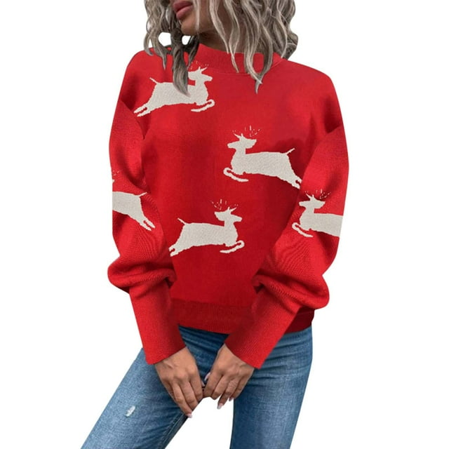 Chandail de Noël pour Femmes Col Rond Mode chandail Manches Longues Chaud Mi-Long Ample Blouse Tricotée Doux Cardigan Imprimé Graphique Tricot