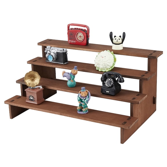4-Tier Wood Organizer Display Riser Rack Wooden Tiered Minifigure Display Holder for Collectibles Showing Saddle Brown Finished Product: 18.3x40x24.2cm