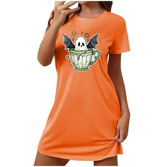 Sundresses for Women Womens Tshirt Nightgown Halloween Crewneck Sleepshirts Comfy Casual Nightshirt for Women S-238 Orange L