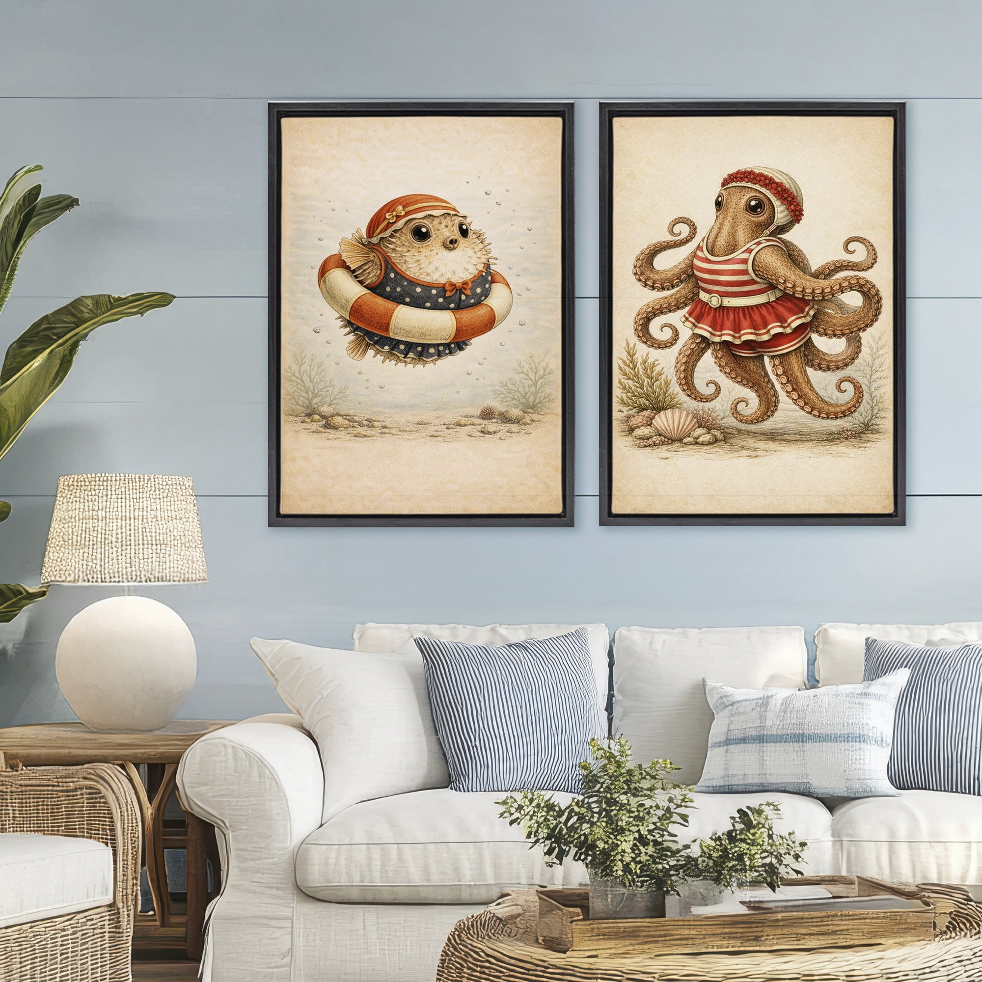 Stupell Industries Vintage Maritime Bathing Creatures 2 Piece Black Framed Floater Canvas Set, design by Grotto Studios