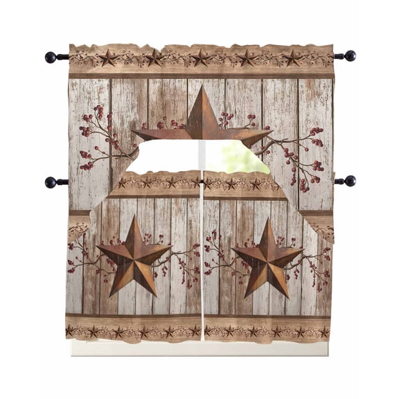 Vintage Texas Star Wooden Swag Kitchen Curtains Sets for Windows 24 Inch Length, Farmhouse Berry Country Short Window Curtain Panels Swags Valances and Tiers 3 Piece Set for Cafe/Dining Room