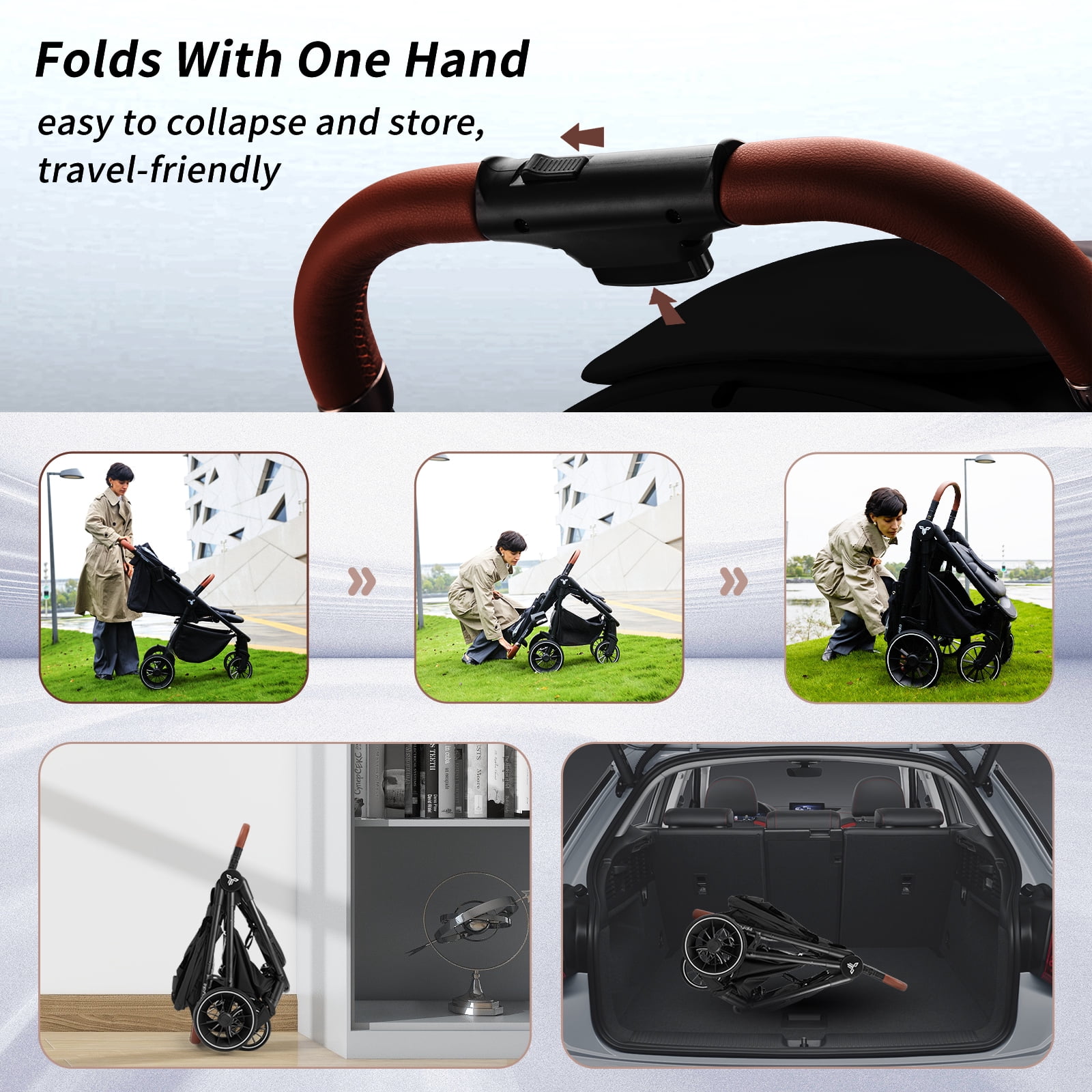 Tinyiota Baby Stroller with UPF 50+ Canopy, One-Hand Fold and Leather Handle, Black