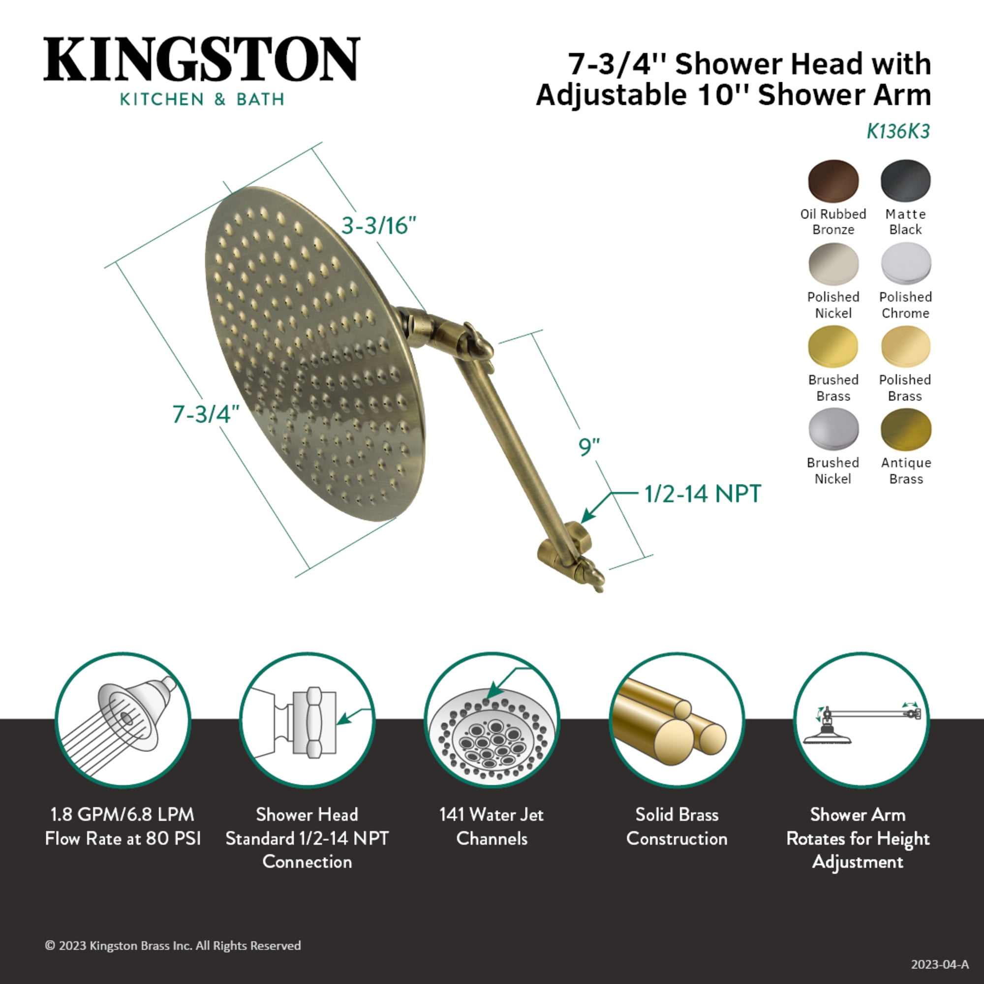 Kingston Brass K136K0MB Victorian 7-3/4 Inch Round Raindrop Brass Shower Head with 10-Inch High-Low Adjustable Shower Arm in Matte Black