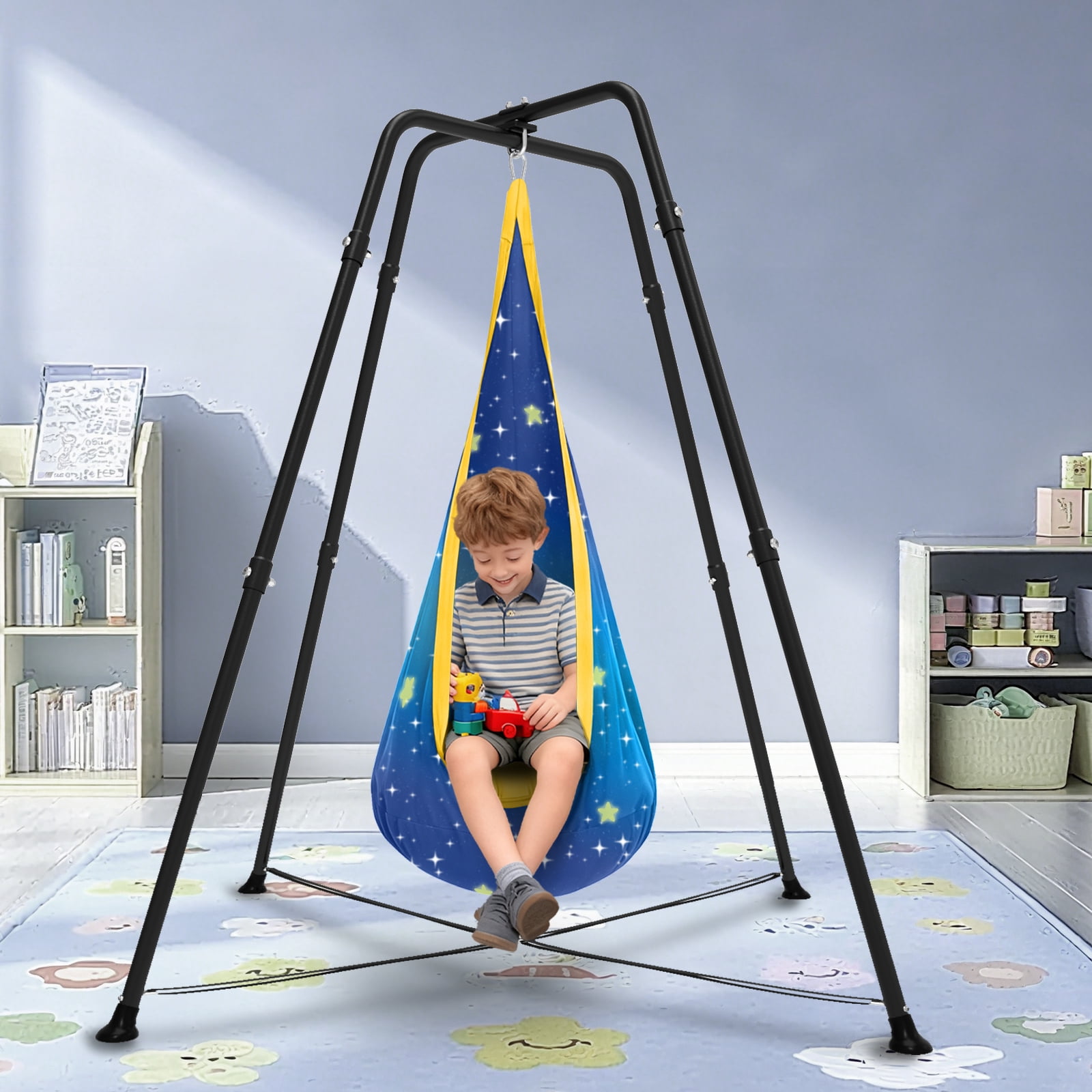 G TALECO GEAR Sensory Swing with Stand and Pod Swing, X-Shaped Swing Set for Backyard, Metal Hammock Chair Stand for Kids &Adults, Sensory Chair Indoor and Outdoor 330LBS, Starry Sky Print Blue