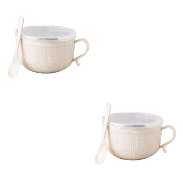 Injueey Tazón de fideos instantáneos de doble capa Tazones lindos Vajilla Fiambrera Gran capacidad Fideos Utensilio Contenedor de alimentos Beige 2piezas